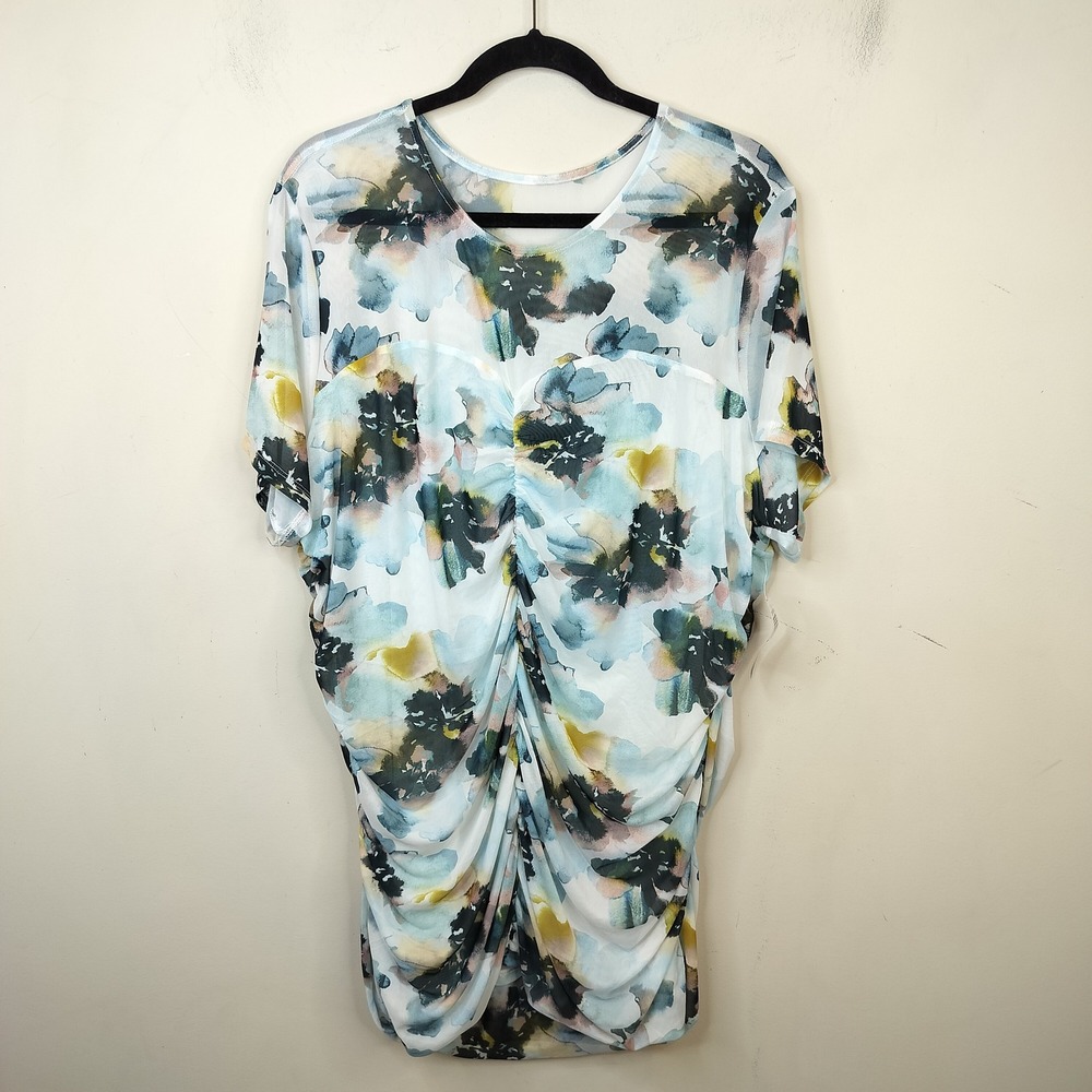 Torrid Stretch Mesh Ruched Floral Top 4X Short Sleeve Crew Neck Multi Color NWT